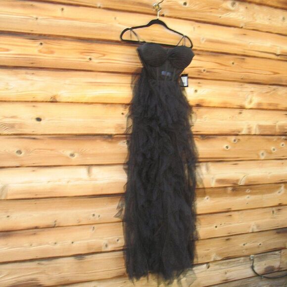 MAC DUGGAL 27532 Black Strapless Bustier Net Gown With Spiral Ruffles - Picture 8 of 13